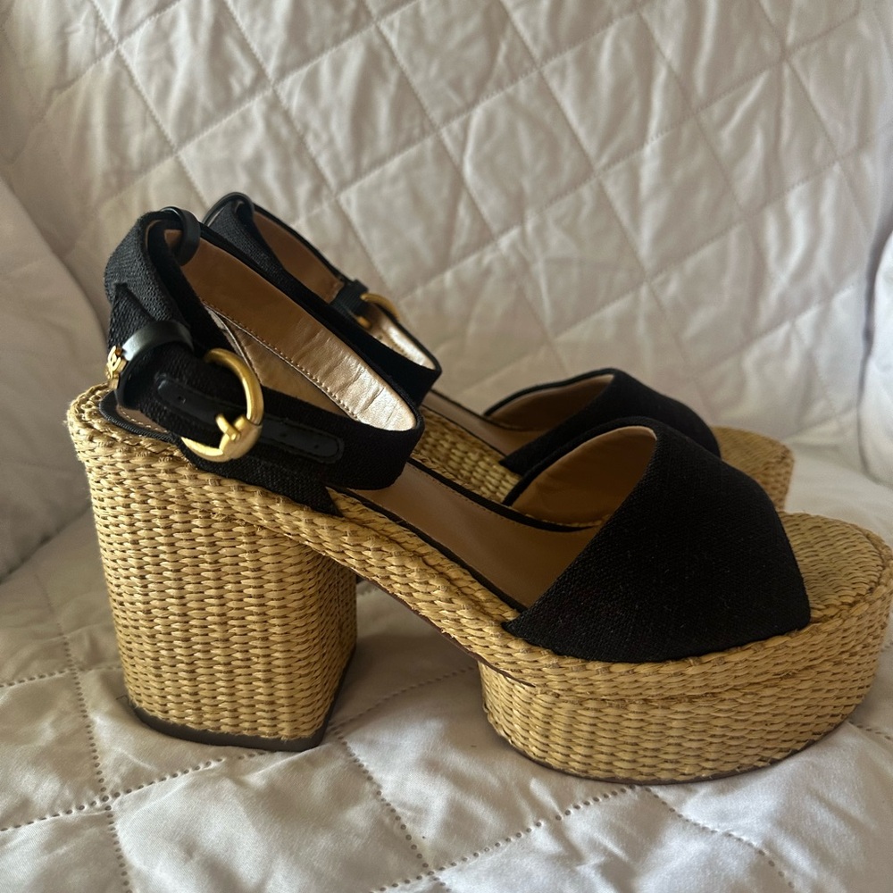 Sam Edelman Black Canvas Platform Sandals with Woven Rope Heel